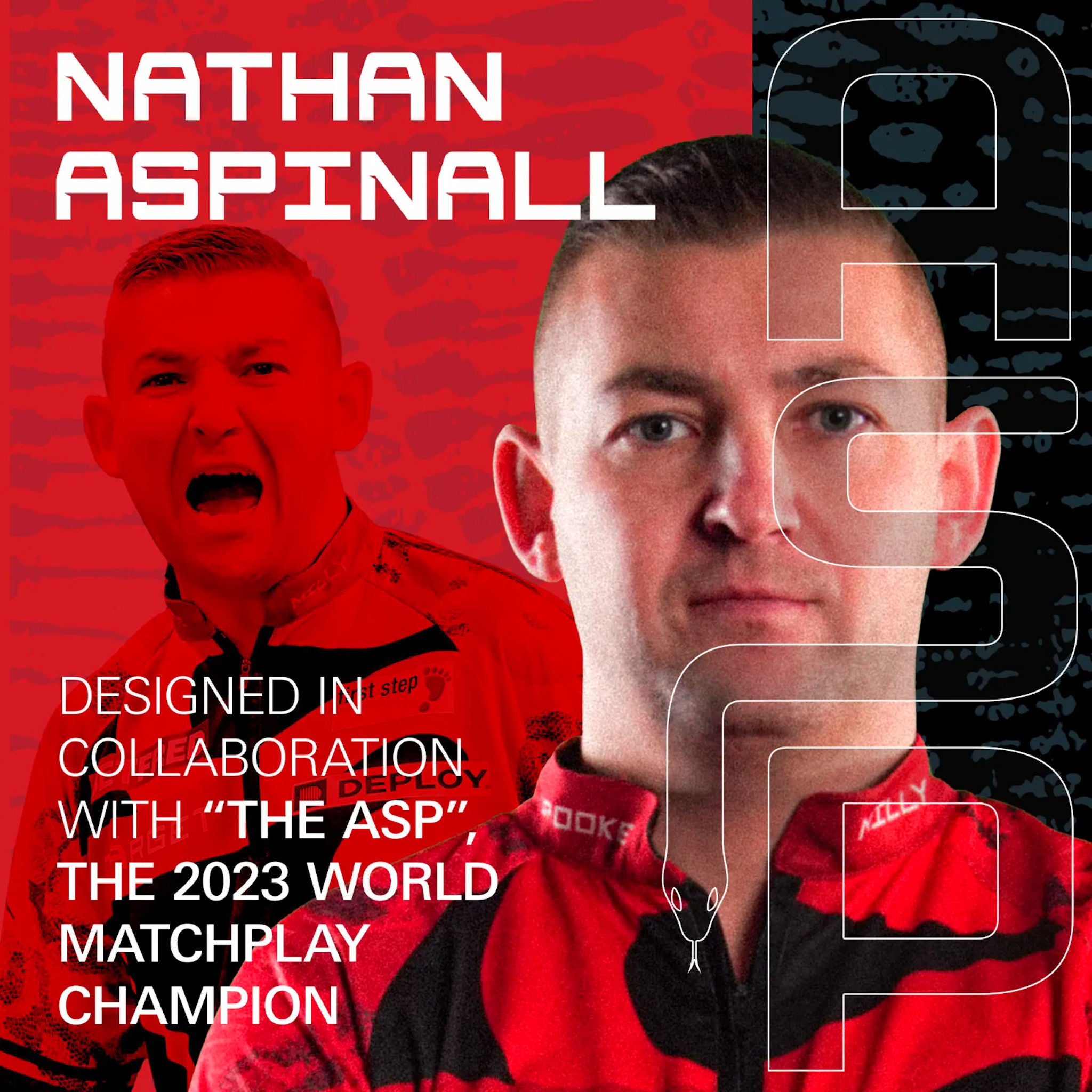 Collaborative design featuring Nathan Aspinall with 'The ASP' on a red and black background.