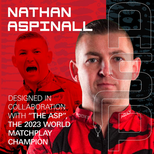 Collaborative design featuring Nathan Aspinall with 'The ASP' on a red and black background.