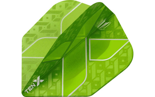 A green dart flight with white patterns and the text 'TEN-X' on it.