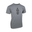 Adult Keep Calm and Dart On grey cotton t-shirt with black text and crown graphic