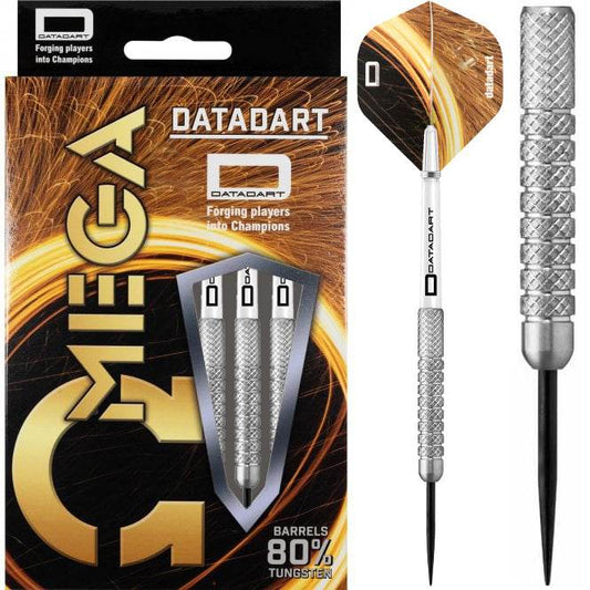 Datadart Omega 80% tungsten darts with textured barrels, 15ZRO shafts, and branded flights in packaging